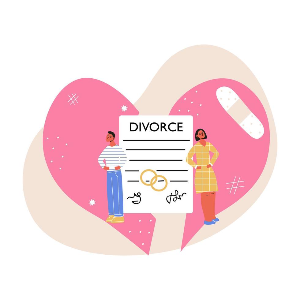 Ex-wife and ex-husband sign agreement divorce document and property divison. Matrimonial law, scales of justice, taring prenuptial agreement. Legal side of family breakdown. Flat vectr illustration. vector
