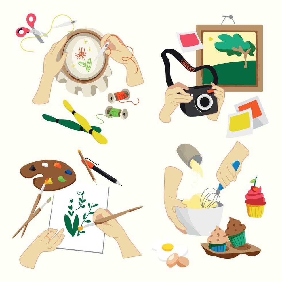 Set of hobby made stuff. Cute colorful hobby vector illustrations