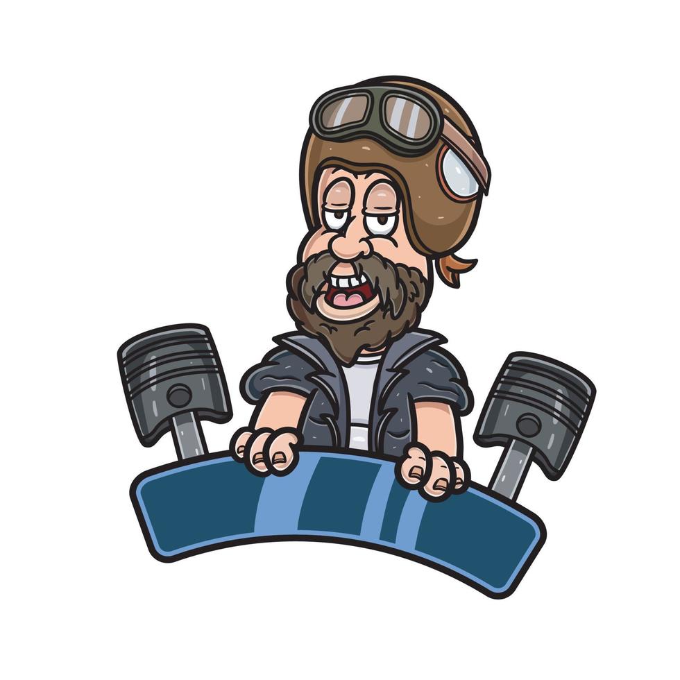 Cartoon Mascot of Bearded Boy Logo Emblem With Piston. vector