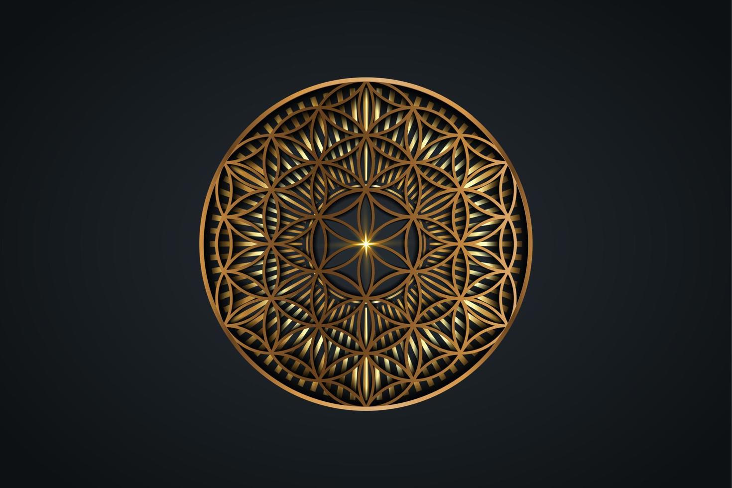 Flower of life, gold spiritual mandala, Sacred Geometry. Bright golden radiant rays symbol of harmony and balance. Mystical talisman, luxury round vector isolated on black background