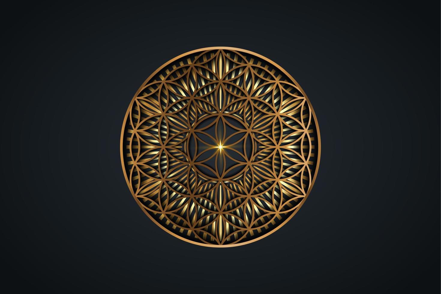 flor de la vida, mandala espiritual dorada, geometría sagrada. brillantes rayos dorados radiantes símbolo de armonía y equilibrio. talismán místico, vector redondo de lujo aislado en fondo negro