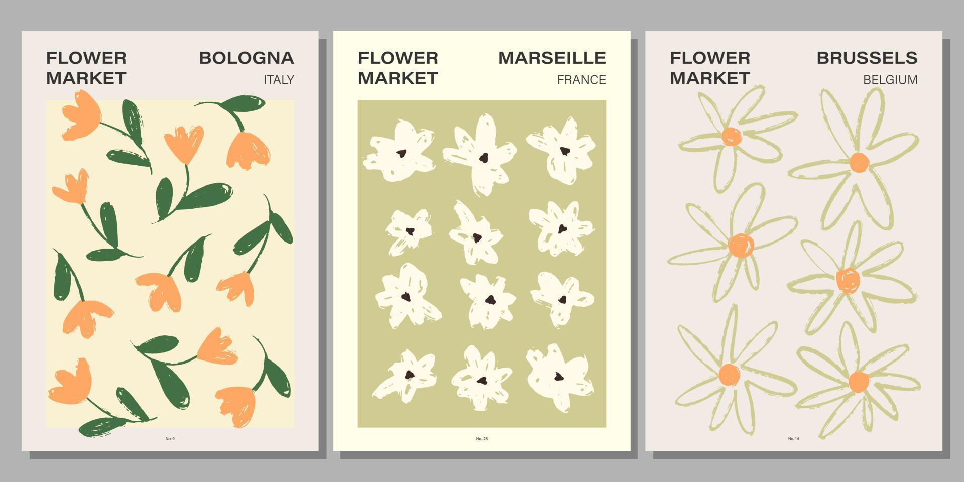 Flower market poster set. Abstract floral illustration. Botanical wall art collection, vintage poster aesthetic. Vector illustration