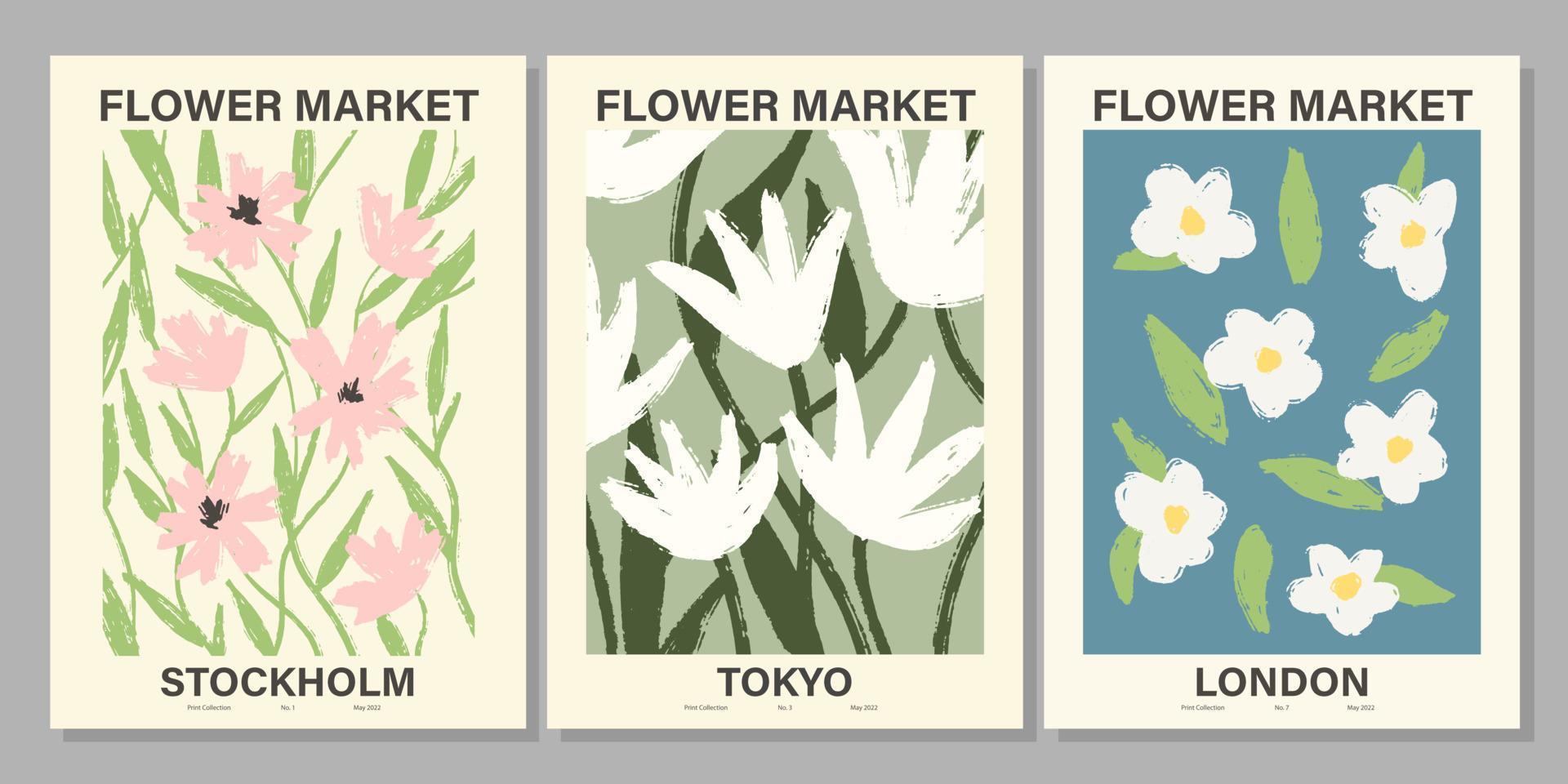 Flower market poster set. Abstract floral illustration. Botanical wall art collection, vintage poster aesthetic. Vector illustration