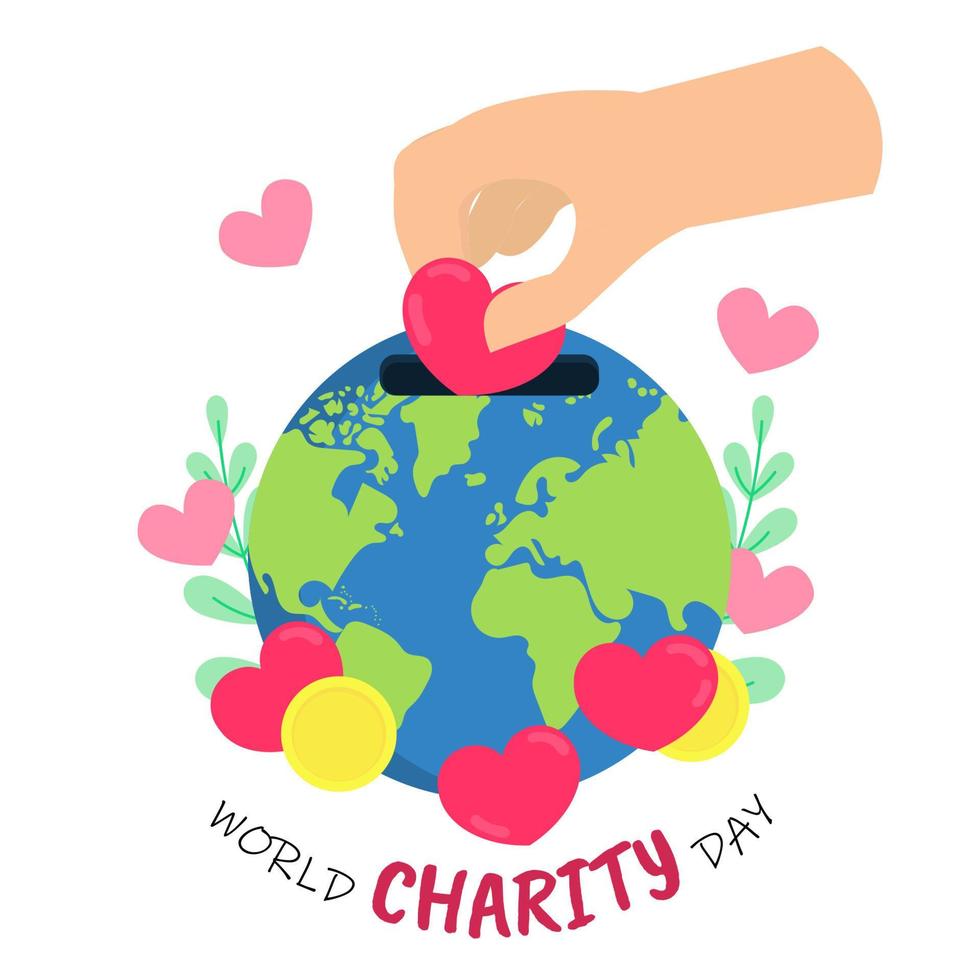 mundo caridad día, un humanitario día con manos y corazones para Ayudar el mundo. mano dibujado vector ilustración para caridad antecedentes o póster