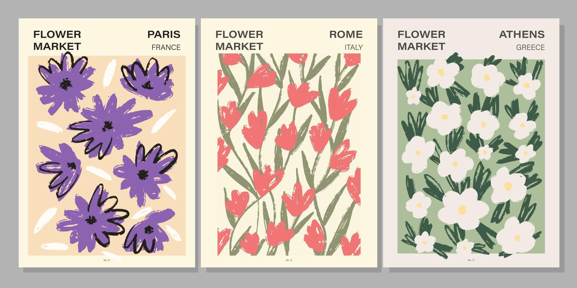 Flower market poster set. Abstract floral illustration. Botanical wall art collection, vintage poster aesthetic. Vector illustration