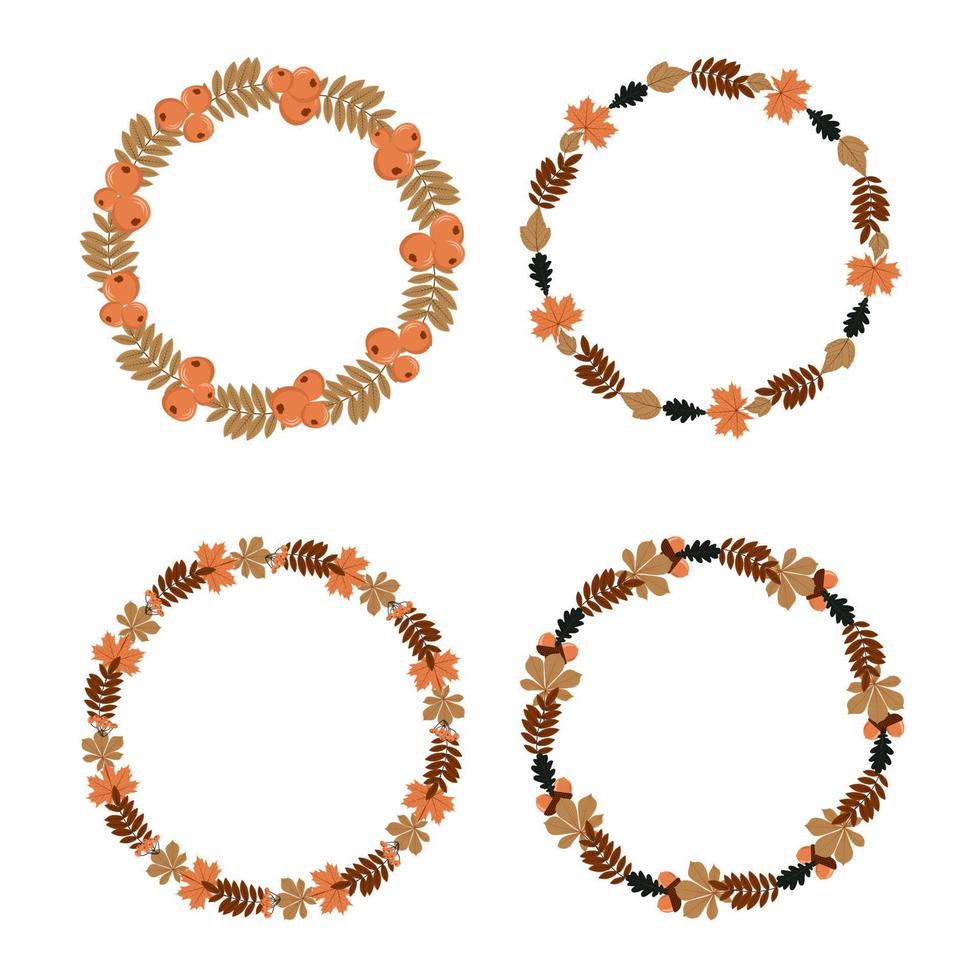 Autumn round frames with leaves, berries and acorns set vector