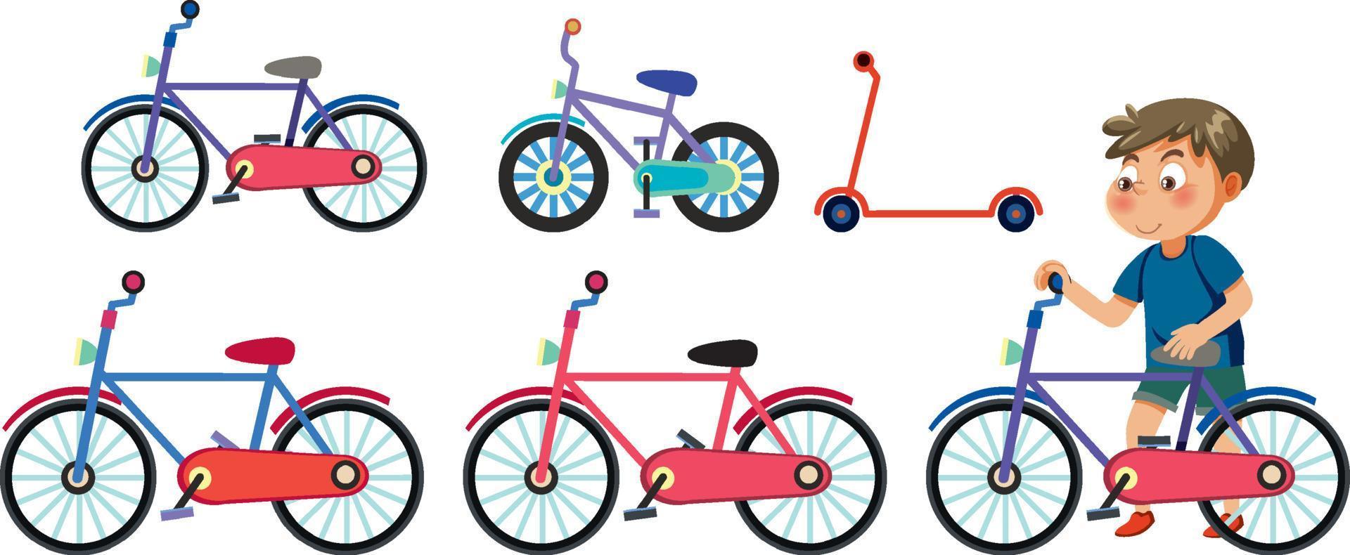 Boy with different bicycle on white background vector