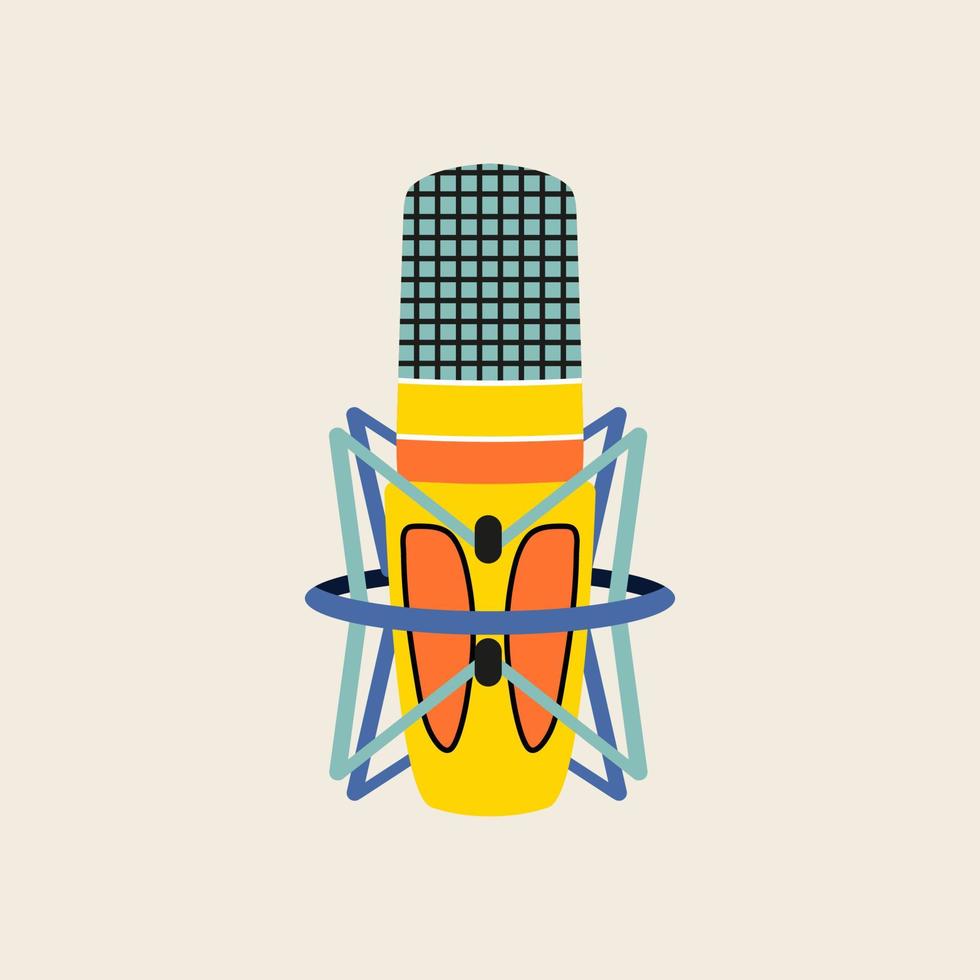 Studio microphone clip art in modern flat line style. Hand drawn vector illustration of mouthpiece, transmitter, mike, podcast, broadcast studio misc, mic. Music vintage equipment, retro element.