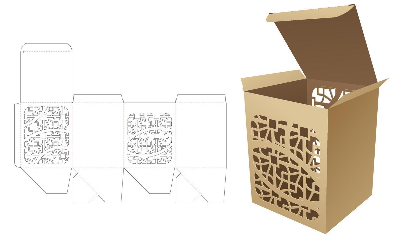 Cardboard box with 2 stenciled pattern windows die cut template and 3D mockup vector