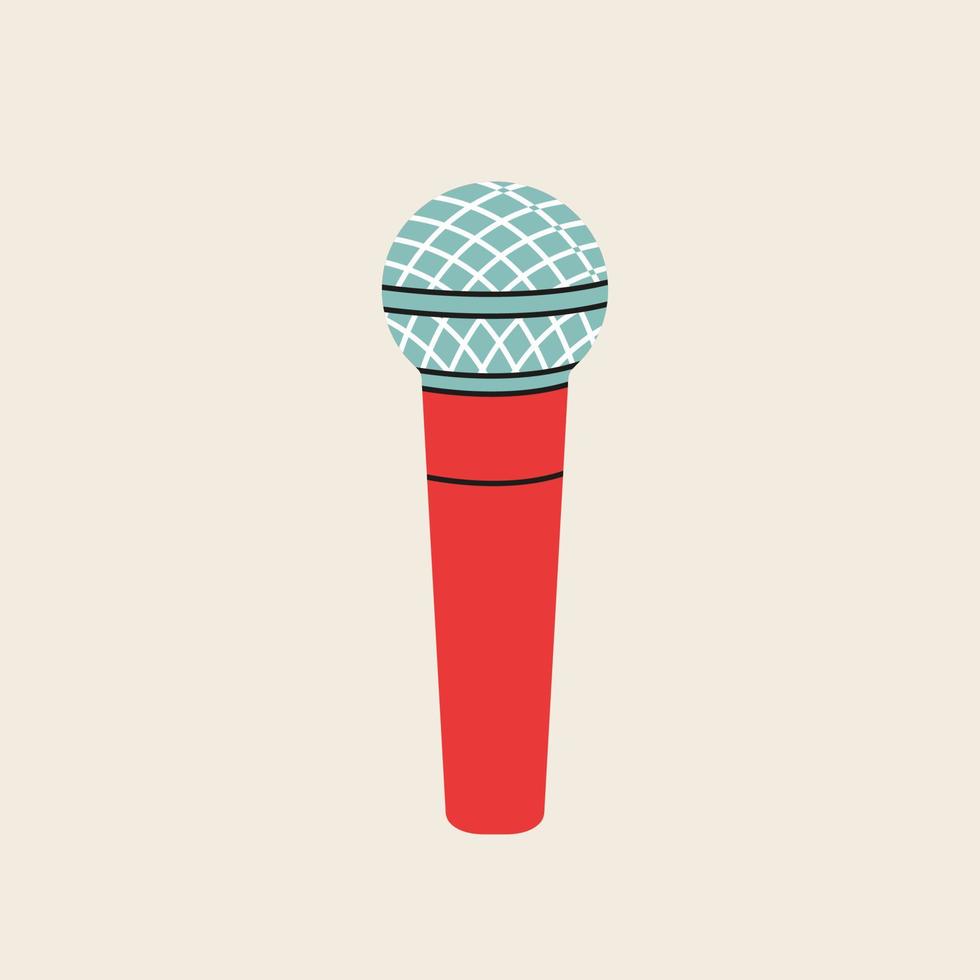 Microphone clip art in modern flat line style. Hand drawn vector illustration of mouthpiece, transmitter, mike, karaoke, studio misc, mic. Music vintage equipment, retro element.