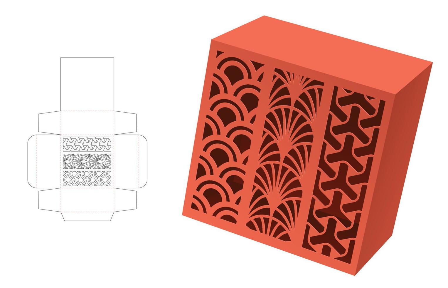 Box with 3 stenciled Japanese patterns die cut template and 3D mockup vector