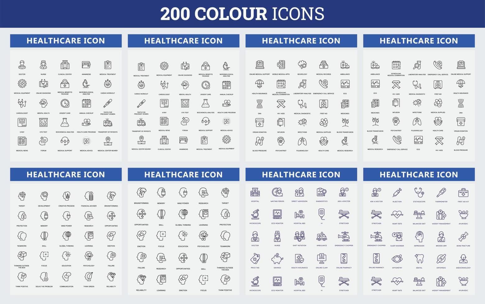 Conjunto de iconos de 200 colores. relacionados con negocios, recursos humanos, médicos. conjunto de iconos web. colección de iconos de colores. ilustración vectorial vector