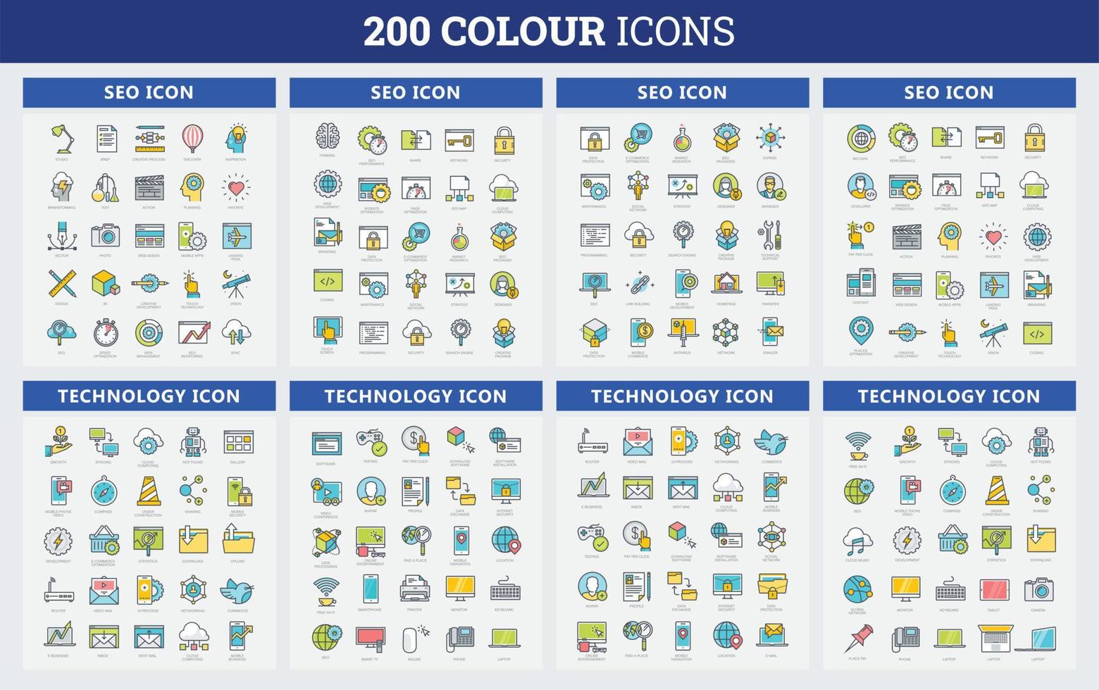 Conjunto de iconos de 200 colores. relacionados con negocios, recursos humanos, médicos. conjunto de iconos web. colección de iconos de colores. ilustración vectorial vector