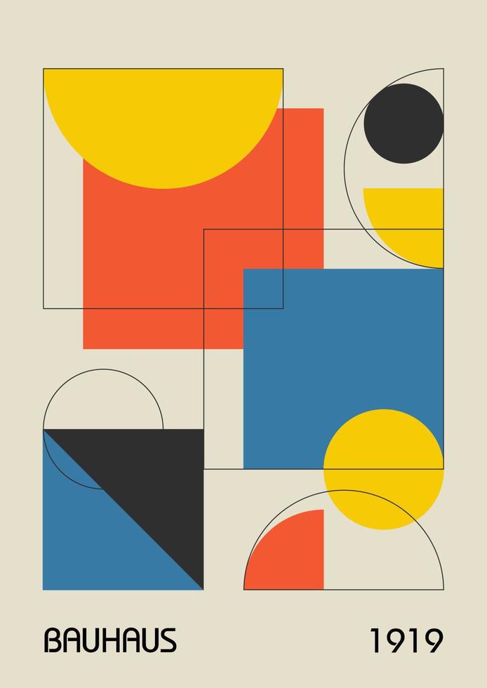 Minimal vintage 20s geometric design posters, wall art, template, layout with primitive shapes elements. Bauhaus retro pattern background, vector abstract circle, triangle and square line art.