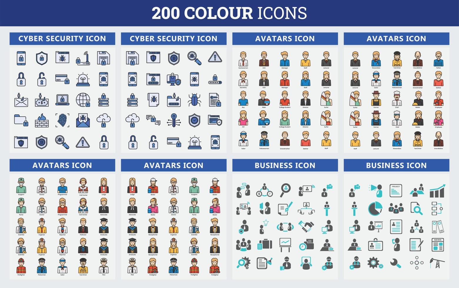 Conjunto de iconos de 200 colores. relacionados con negocios, recursos humanos, médicos. conjunto de iconos web. colección de iconos de colores. ilustración vectorial vector