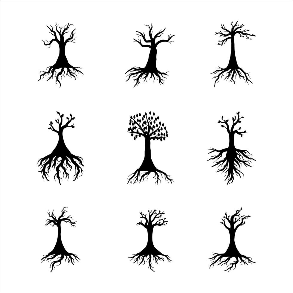 negro silueta árbol raíces colección blanco antecedentes vector