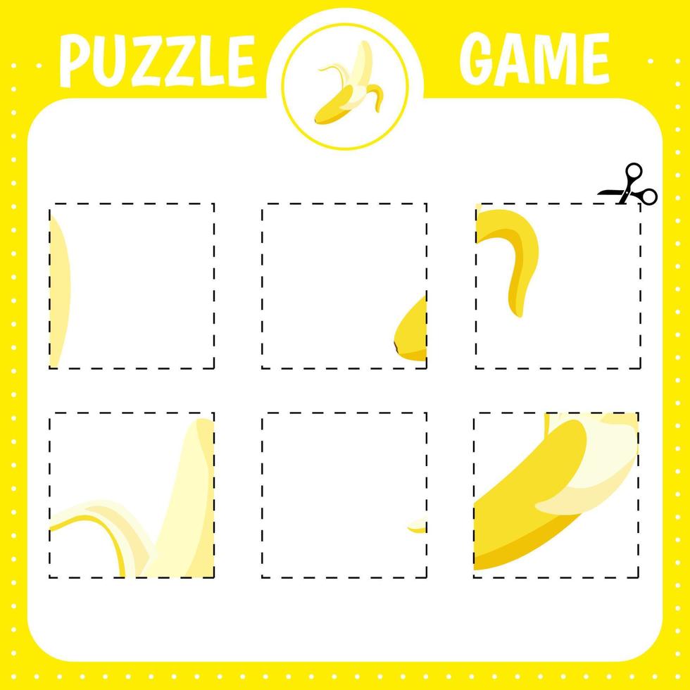 Puzzle game for kids. Cutting practice. Education developing worksheet. Activity page. Cut and glue banana vector