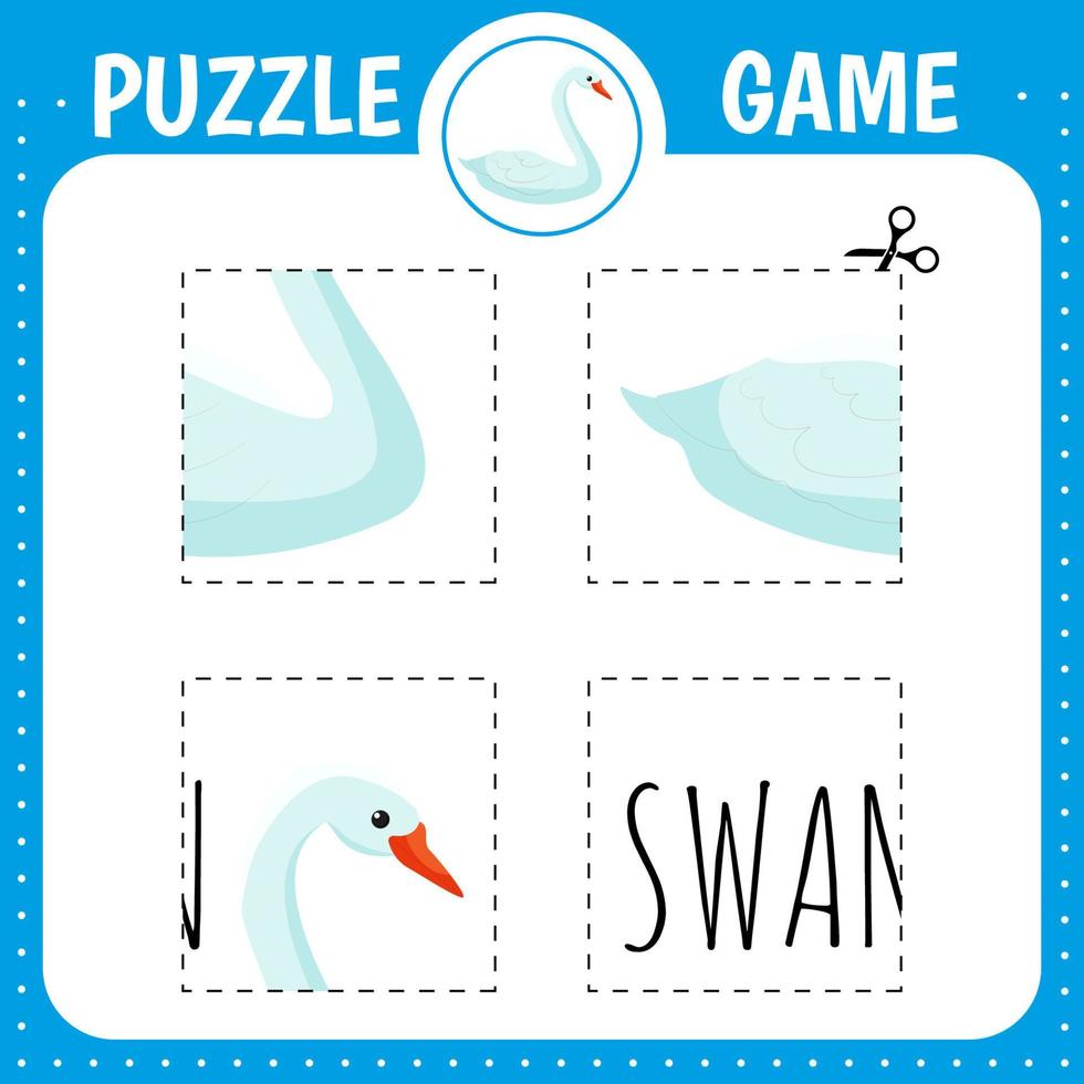Puzzle game for kids. Cutting practice. Education developing worksheet. Activity page. Cut and glue swan vector