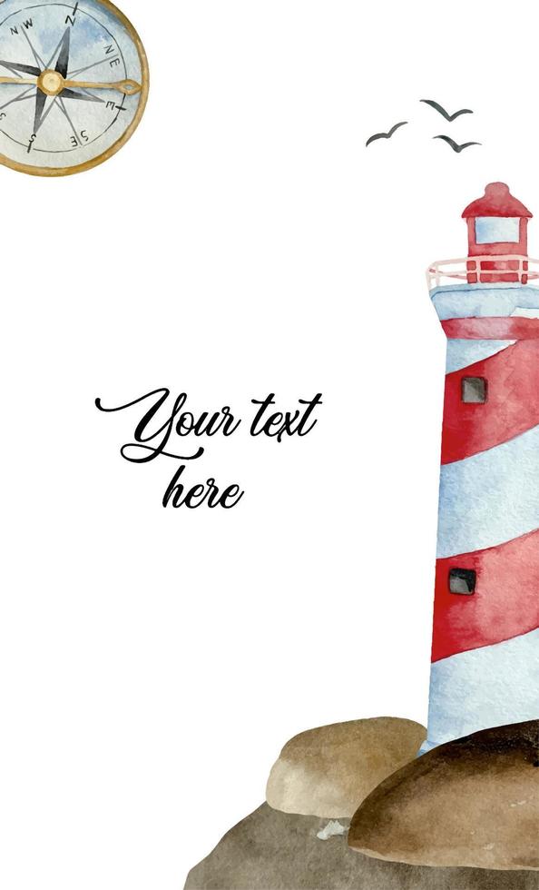 Watercolor nautical backgrounds for card and invitation with lighthouse and compass vector