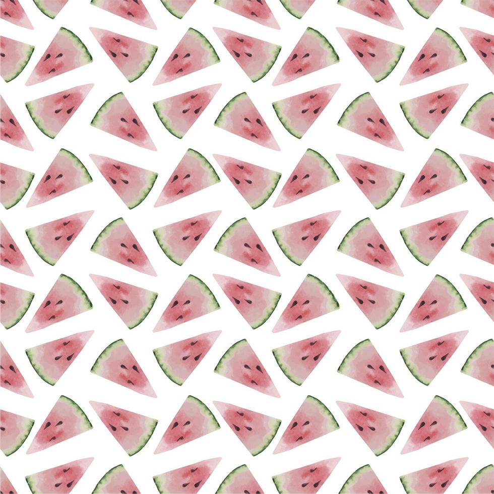 Watercolor seamless pattern with watermelon triangle pink slices. Summer template background with fruit for postcards and cards vector