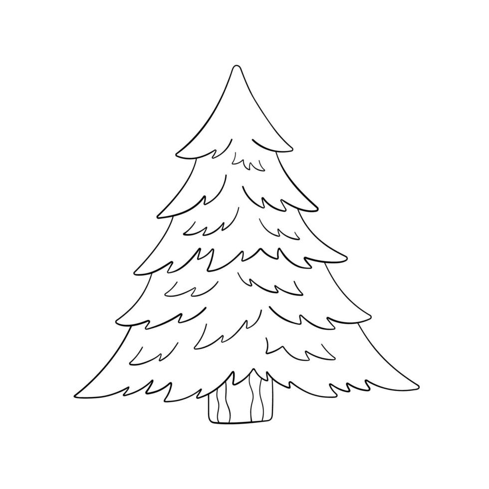 Christmas tree in doodle style, vector illustration. Isolated element on a white background. Icon fir for print and design, hand drawn. Holiday tree outline, merry xmas