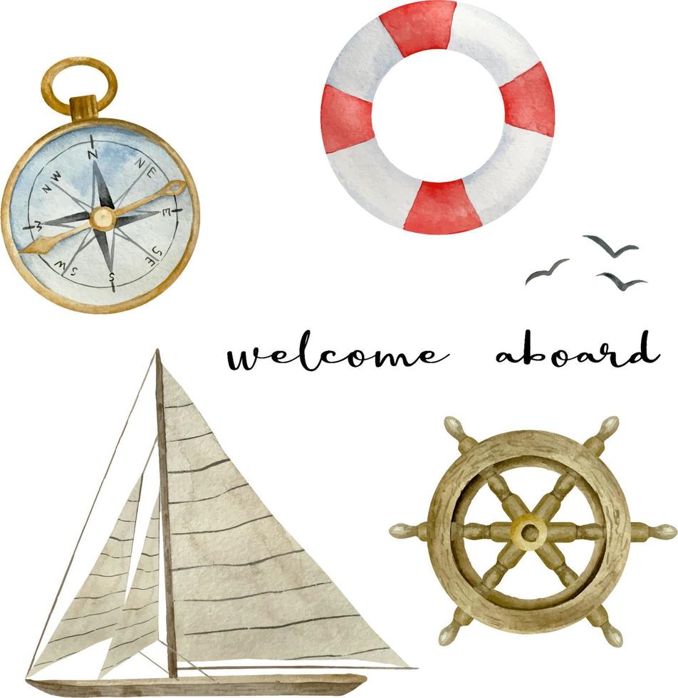 Watercolor nautical elements set wooden steering wheel, red and white lighthouse, red buoy, compass. vector