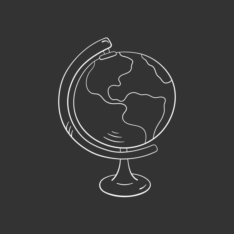 Globe earth in doodle style, vector illustration. Icon globe for print and design. Isolated element on chalk board background. Back to school concepr art, hand drawn sketch