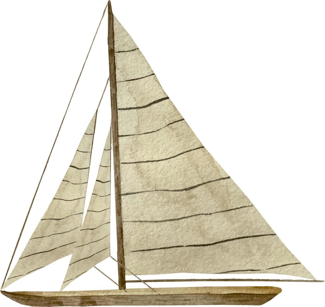 Watercolor vintage beige boat. Hand drawn illustration of olg style schooner yacht sea transport. vector