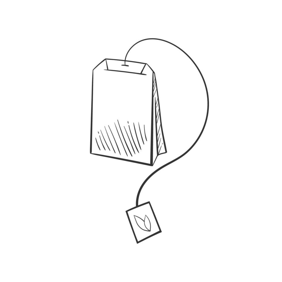 Tea bag in doodle style, vector illustration. Icon teabag for print and design. Isolated element on white background, hand drawn sketch. Organic food and drink concept