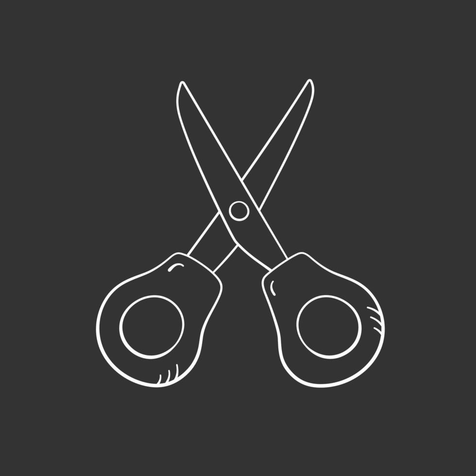 Scissor in doodle style, vector illustration. School tool icon for print and design. Isolated element on a chalk board background. Back to school concept, hand drawn graphic sketch.