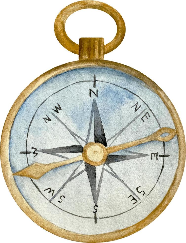 Watercolor gold and blue vintage pocket compass. Nautical elemen vector