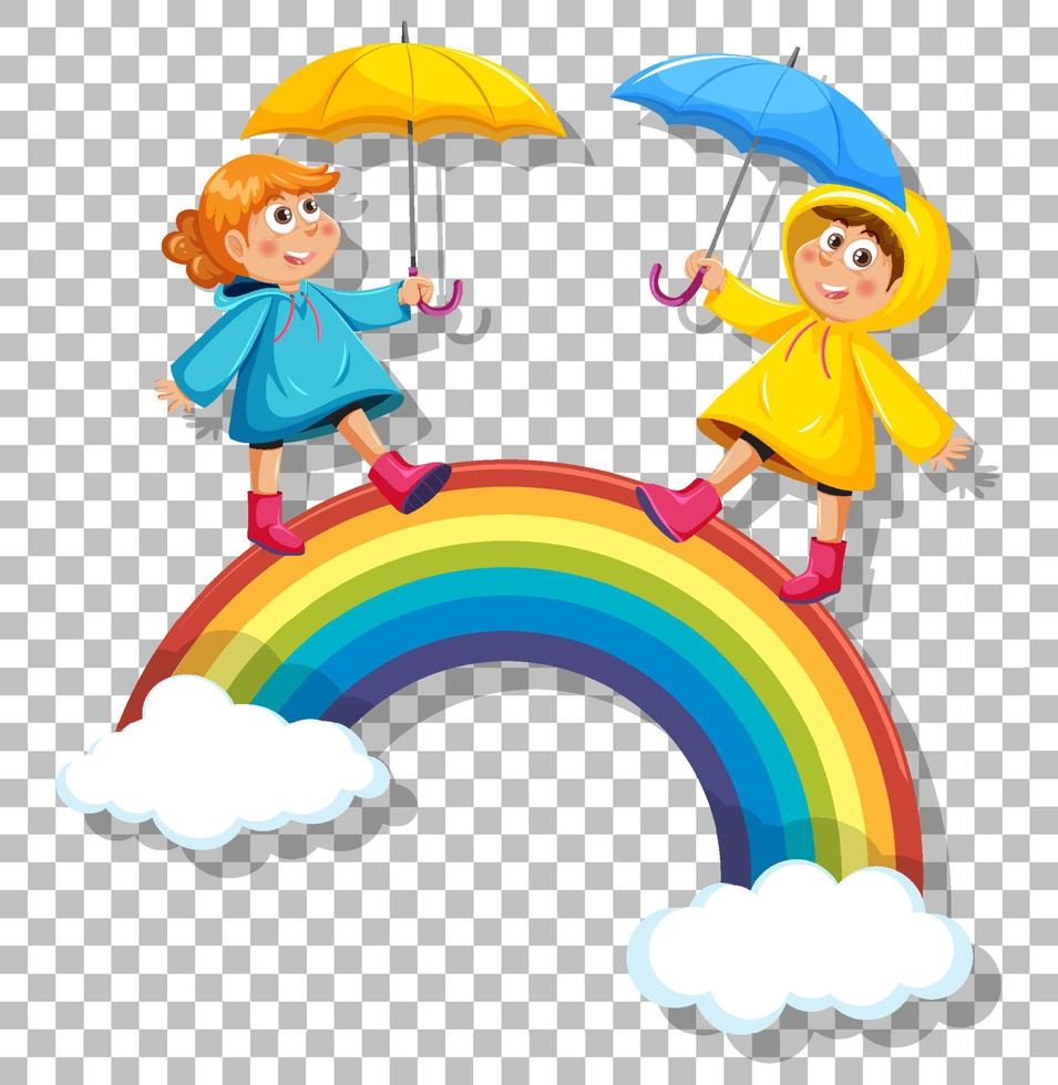 Children walking on the rainbow on grid background vector