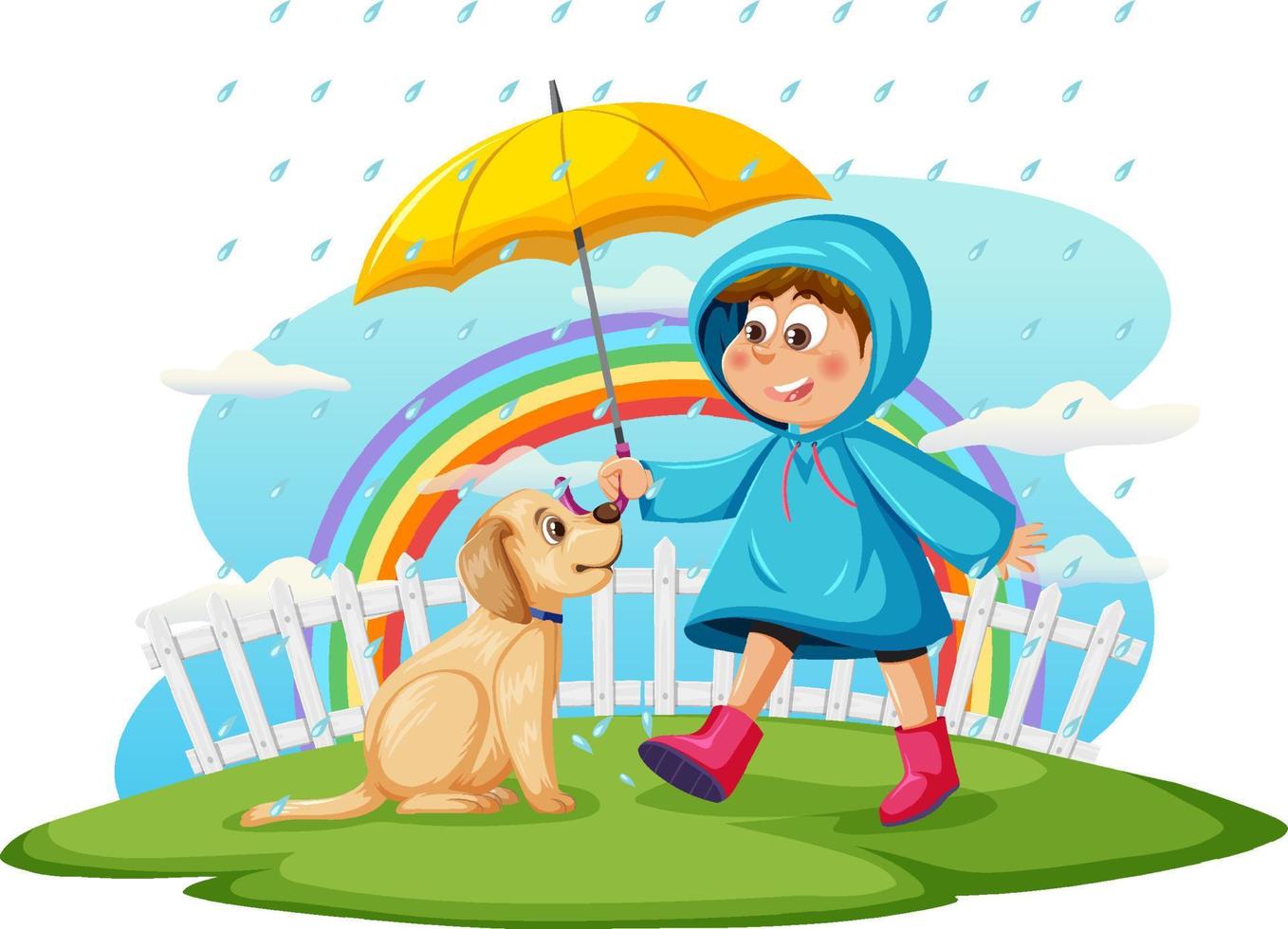 Rainy day with a boy in raincoat and a dog vector