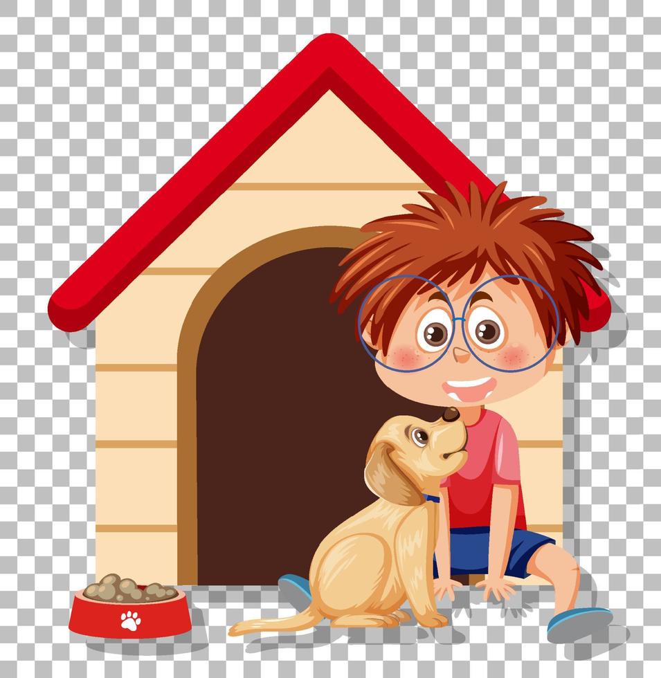 A boy wearing glasses with his puppy on grid background vector