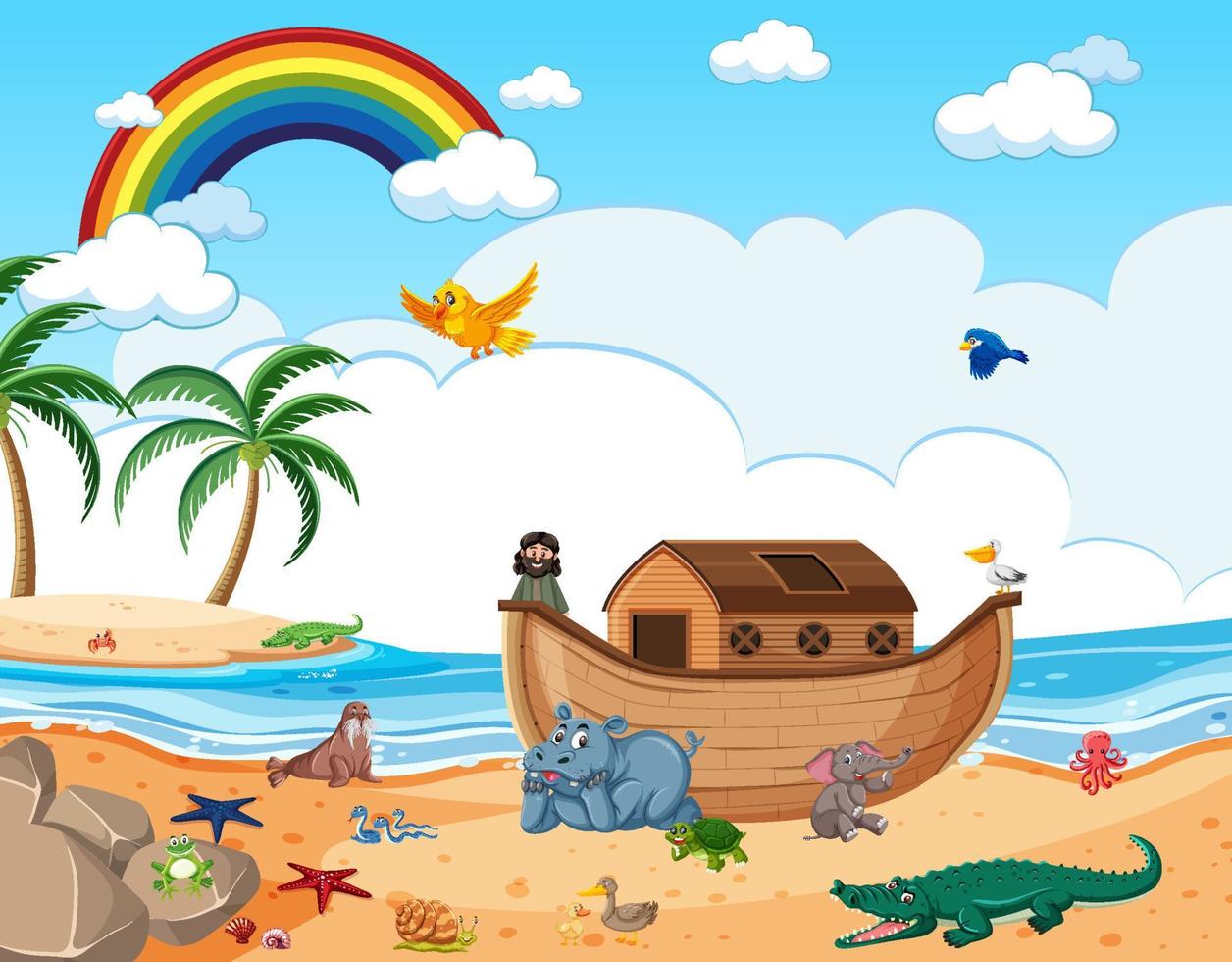 Noah's Ark with wild animals in nature scene vector