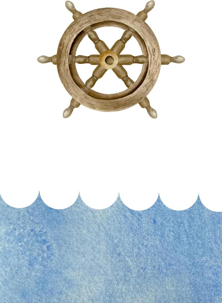 Watercolor cartoon blue waves with old wooden steering wheel on white background. Nautical marine background for children card and invitation vector