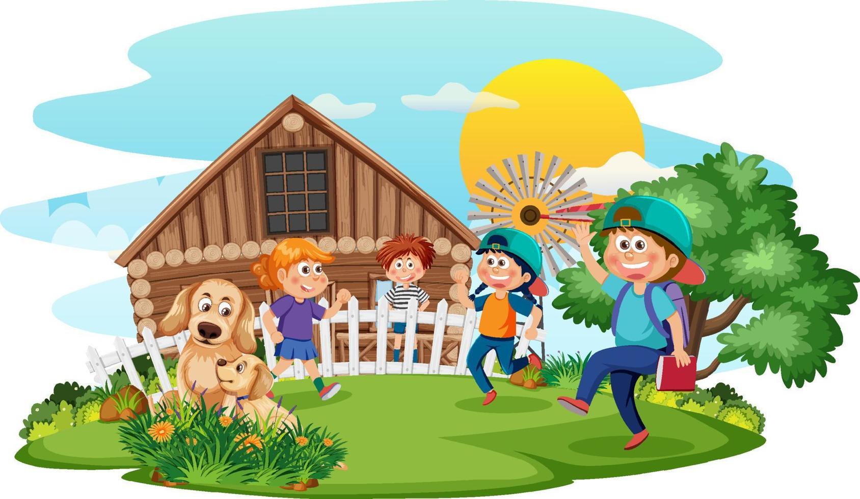 escena de la granja con el personaje de dibujos animados de los niños vector