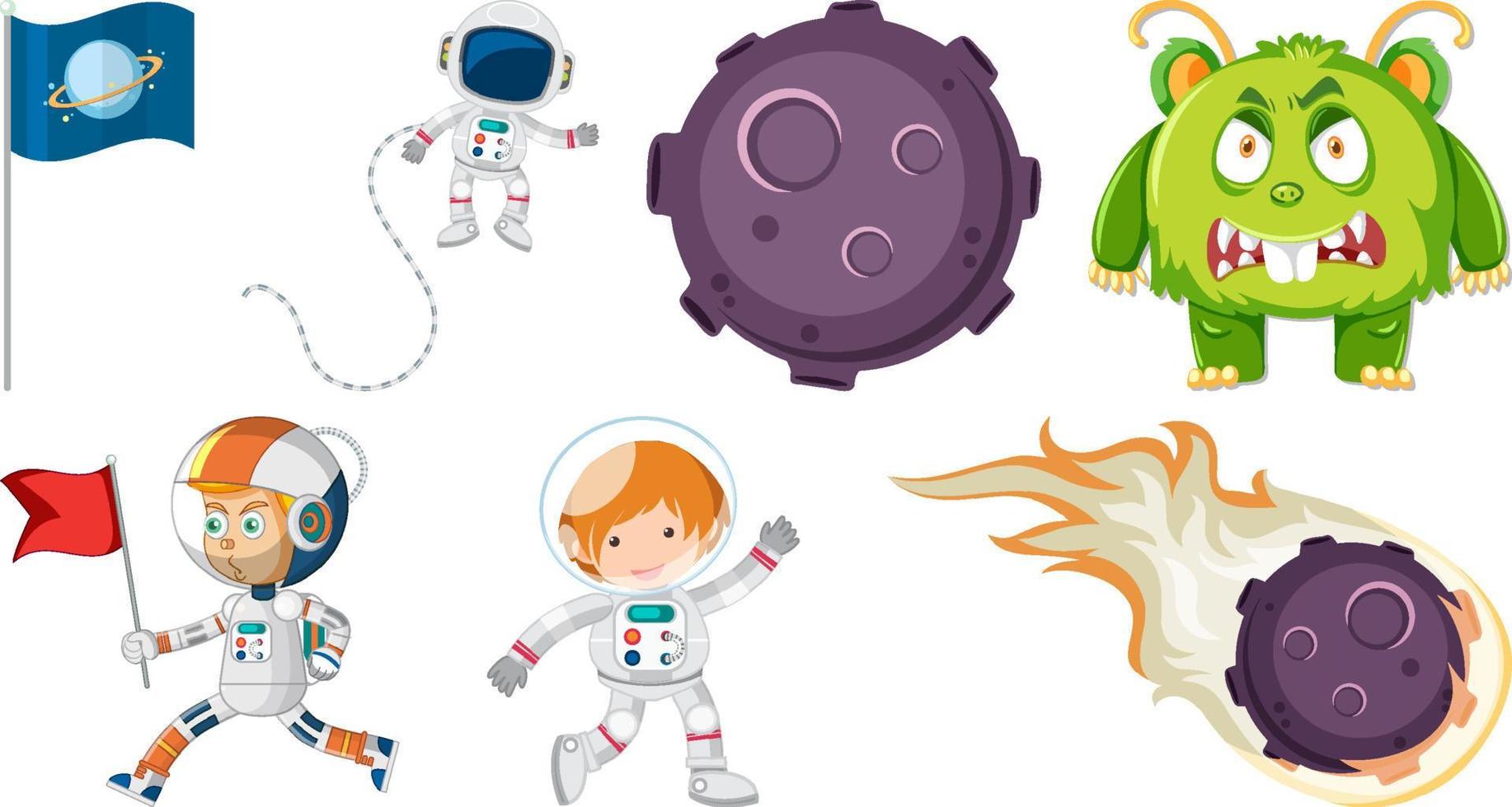 Set of space cartoon characters and objects vector