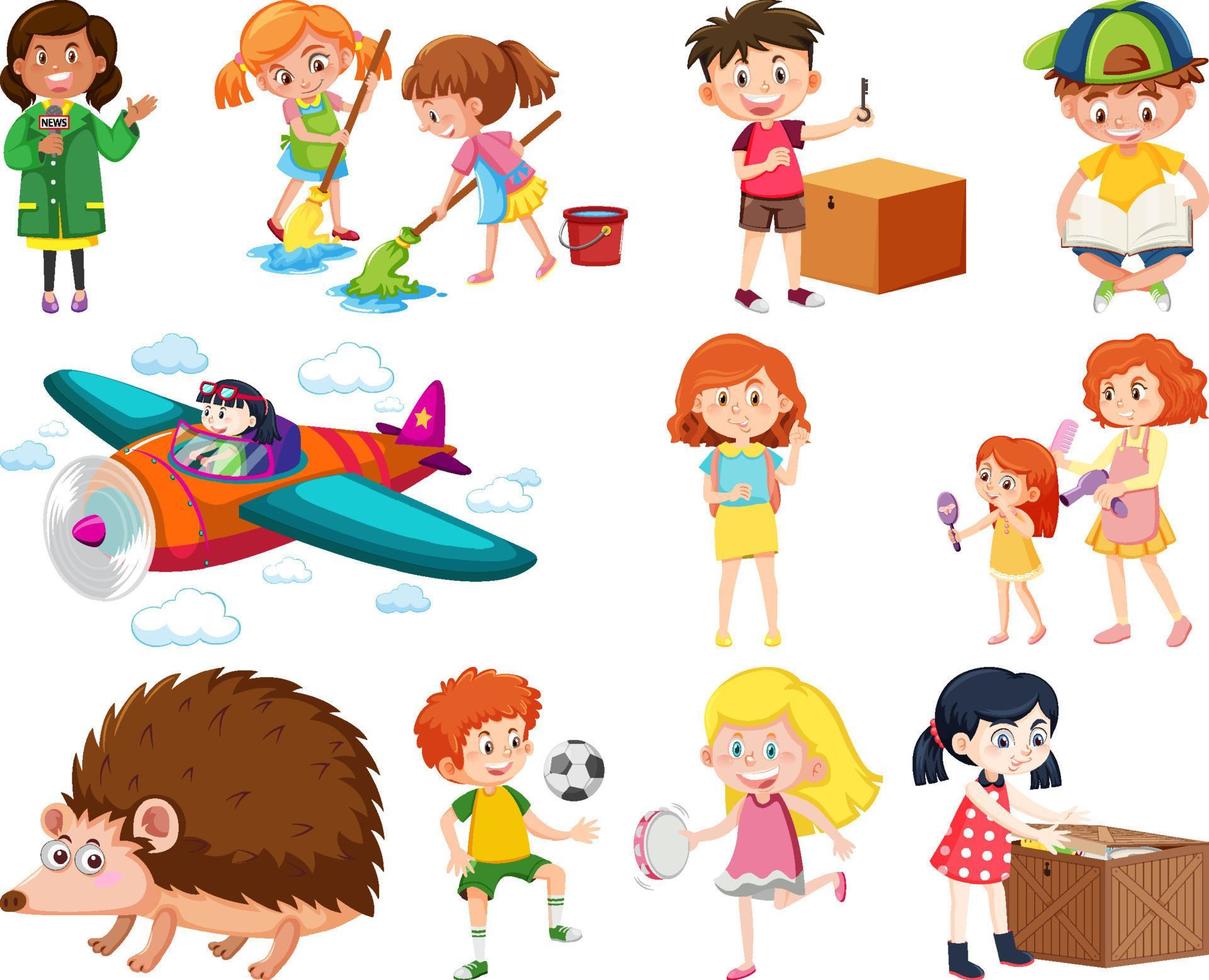 Set of different cute kids and objects vector