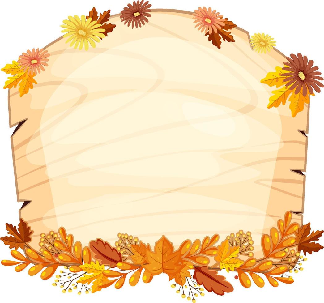 tablero de madera de marco de otoño con hojas y flores vector