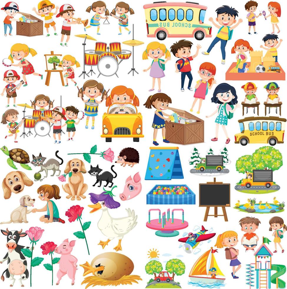 Set of different cute kids and objects vector