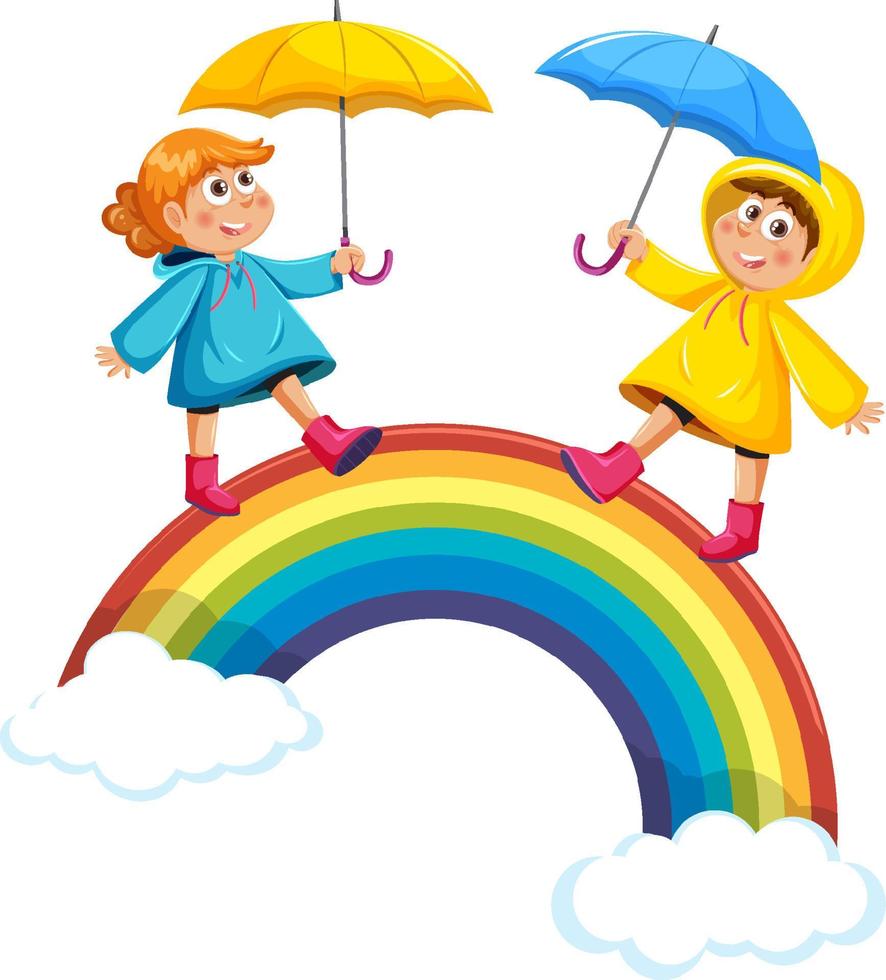 niños caminando en el arco iris en el cielo vector