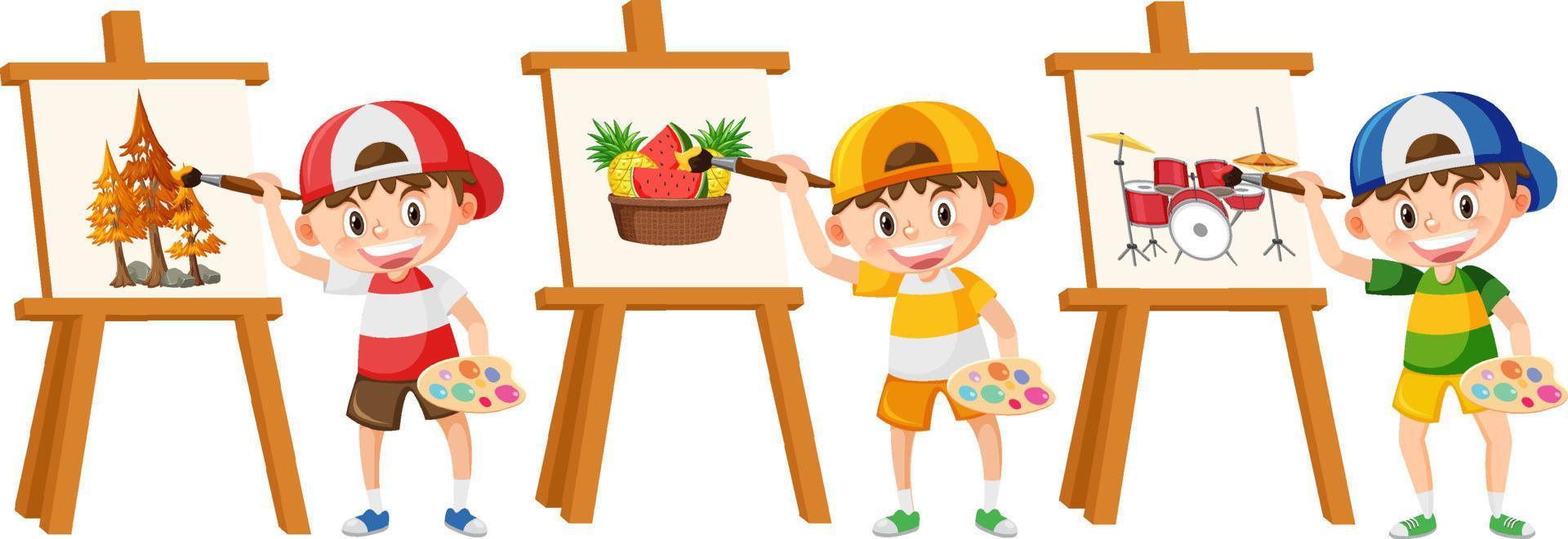 Niños pintura en lona dibujos animados vector