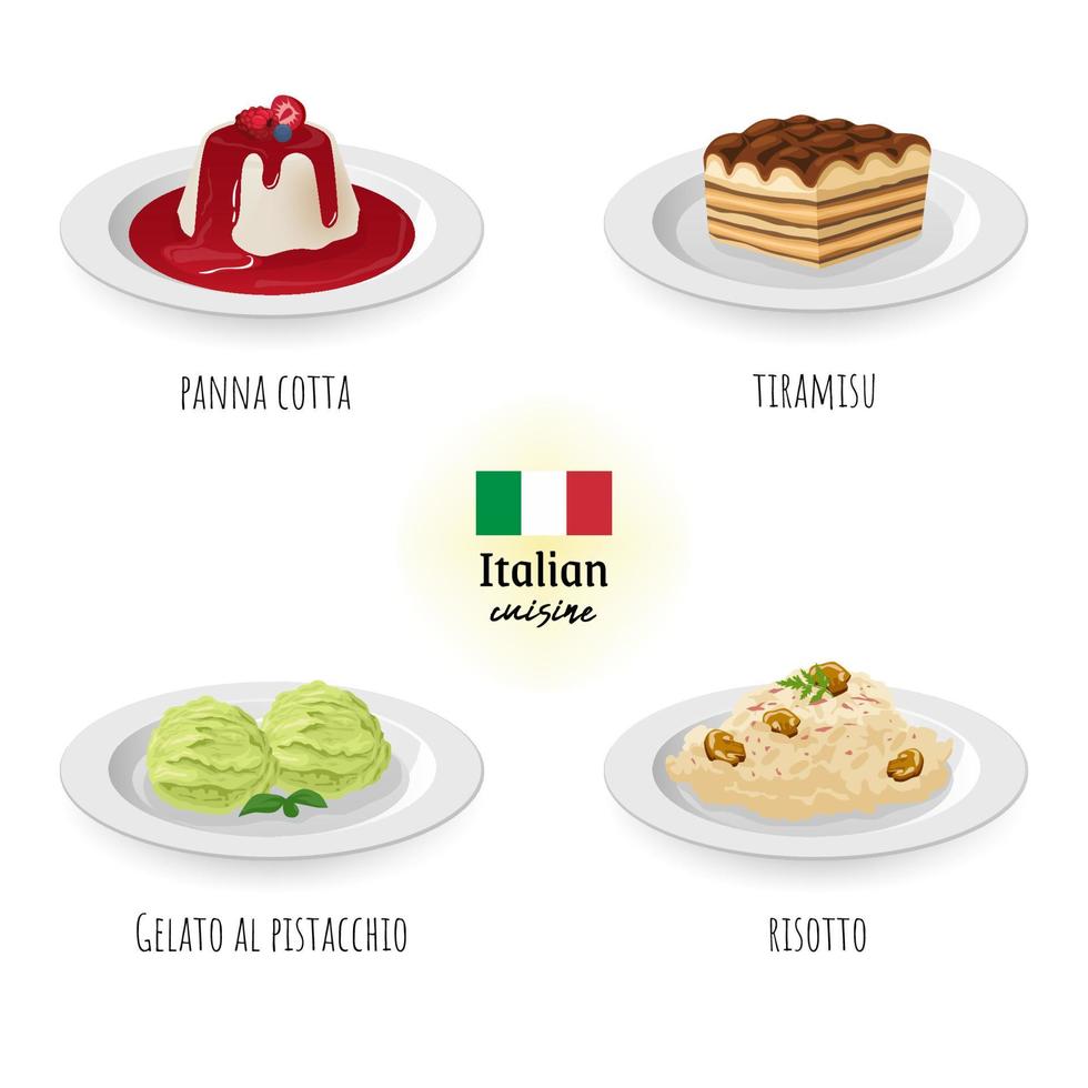 Italian cuisine panna cotta, tiramisu, gelato al pistachio and risotto in white isolated background. Food concept vector illustration