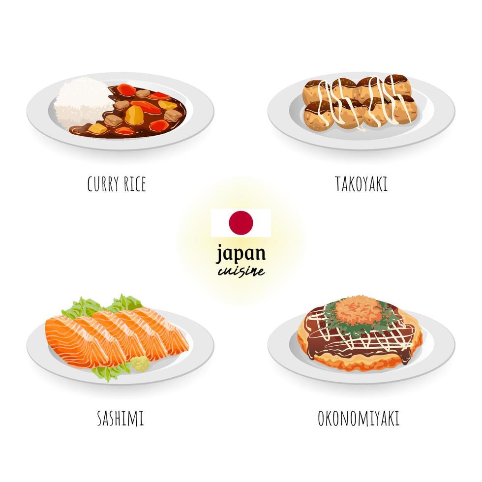 Japan cuisine curry rice, takoyaki, sashimi, and okonomiyaki in white isolated background. Food concept vector illustration