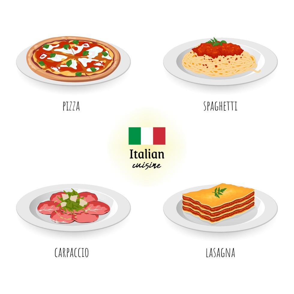 Italian cuisine pizza, spaghetti, carpaccio, and lasagna in white isolated background. Food concept vector illustration