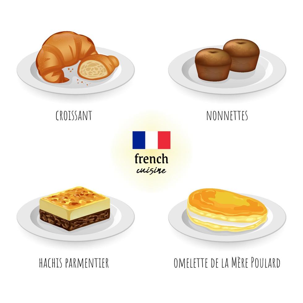 French cuisine croissant, nonnette, hachis parmentier, omelette de la mere poulard in white isolated background. Food concept vector illustration