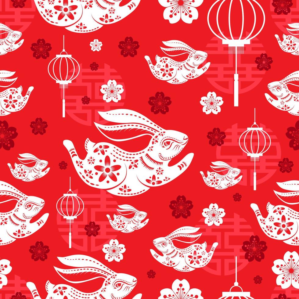 Seamless pattern with Asian elements for happy Chinese new year of the Rabbit 2023 vector