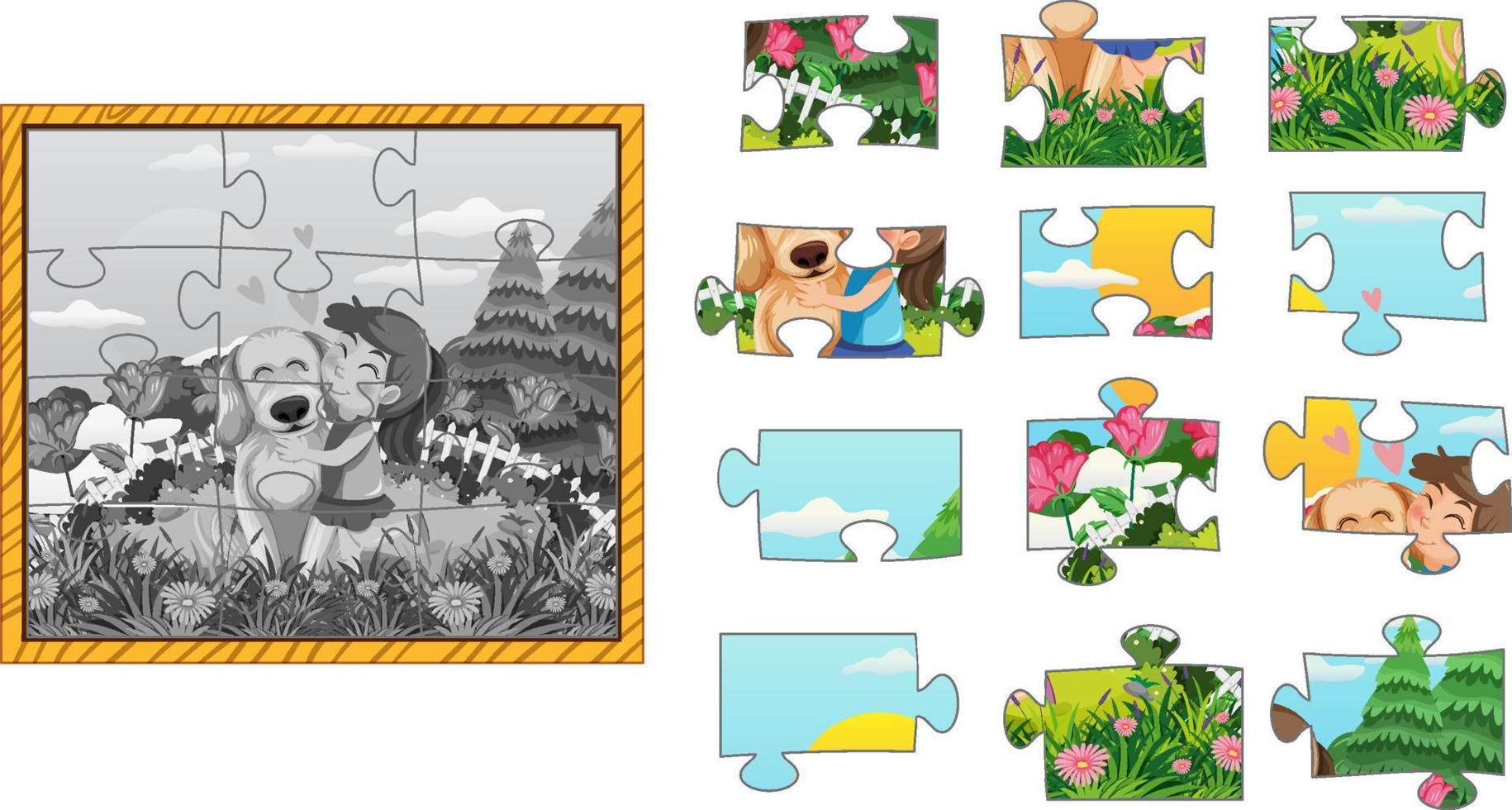 Girl and dog photo jigsaw puzzle game template vector