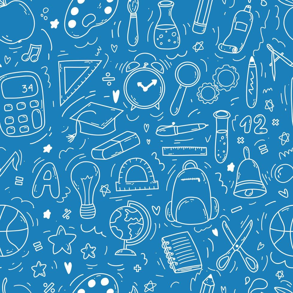 Hand drawn doodle seamless pattern with school icons on blue background. Vector illustration of supplies, back to school concept for print, web and textile design, stationery.